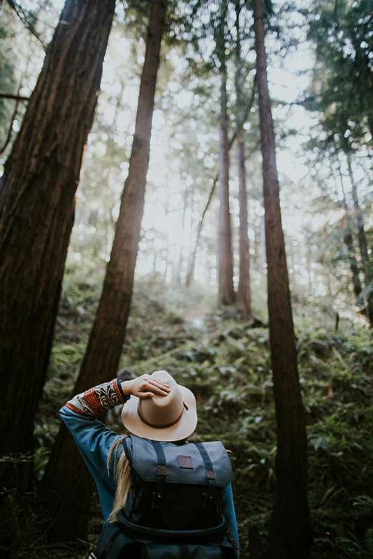 A woman hikes in the forest.