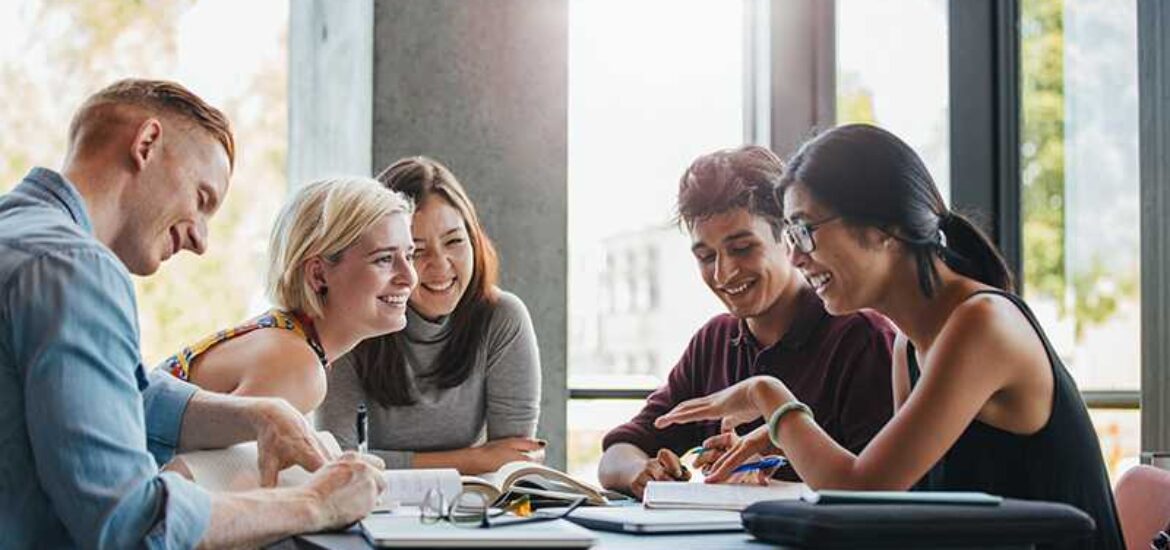 College students study together.