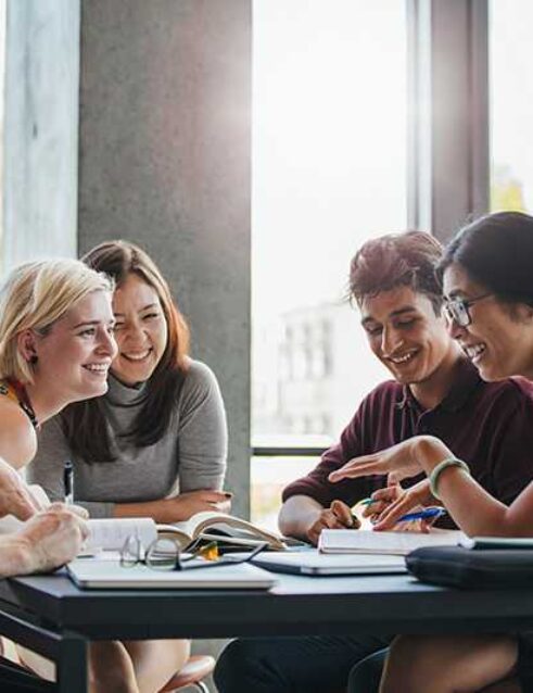 College students study together.